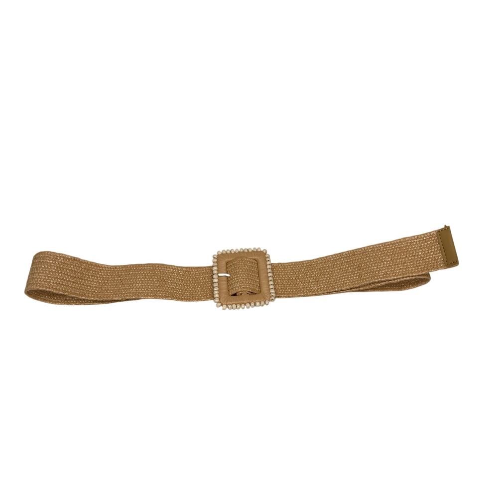 Tan Woven Belt Beaded Square Buckle Adjustable 40.5” NWOT - Picture 2 of 3